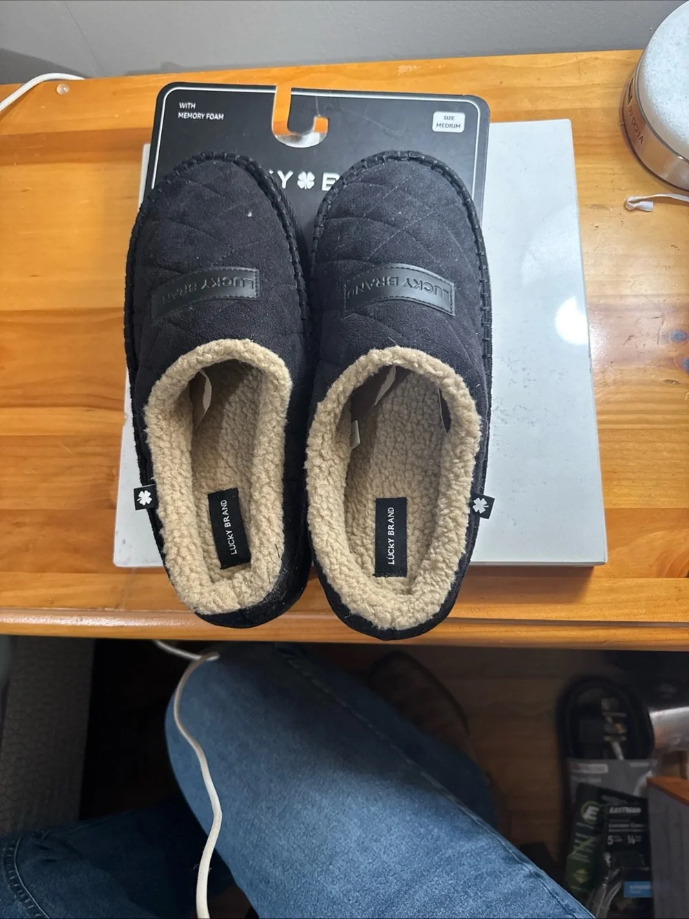 Lucky Brand Men's Black Quilted Slip-On Loafers with Cream Sherpa Lining